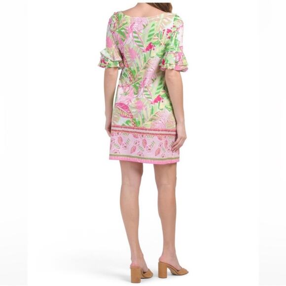 Pappagallo Tropical Double Flutter Sleeve Shift Dress Pink/Green Palm Leaf Small - Picture 9 of 14